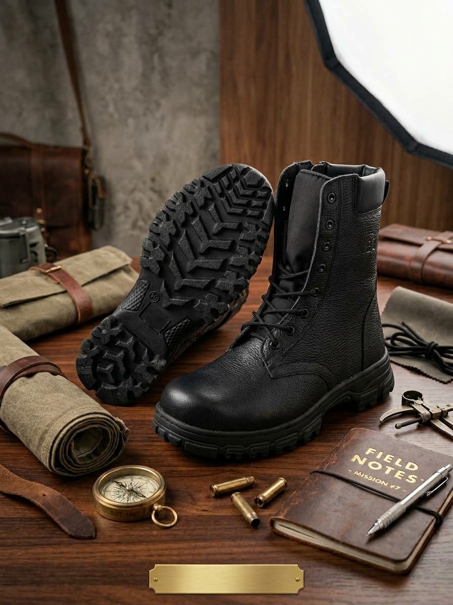 Sepatu PDL Safety (Toe Cap), Upper Kulit Jeruk SNI, Outsole Rubber, Zipper.
